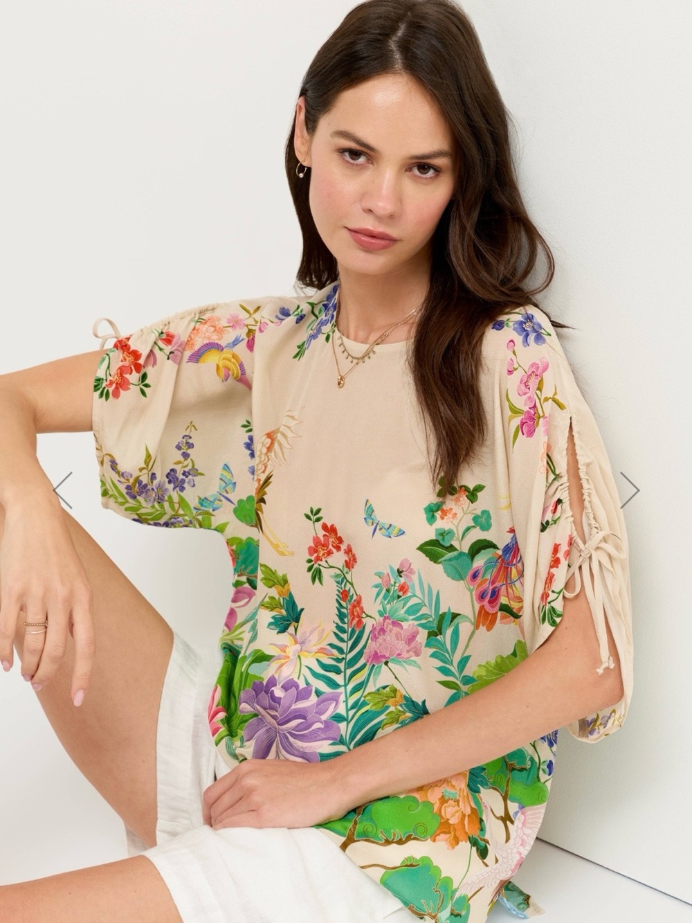 Johnny Was NWT Bluet Drawcord Sleeve Silk
Blouse Thoria Multi Color Floral XL